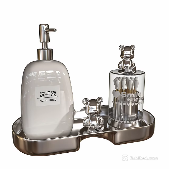 Bathroom Accessories Set With Liquid Soap Dispenser Bear Decor And Toothbrush Holder On Metal Tray 3d model 