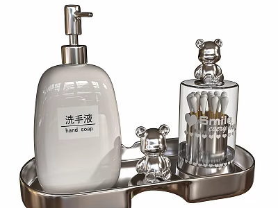 Bathroom Accessories Set With Liquid Soap Dispenser Bear Decor And Toothbrush Holder On Metal Tray 3d model