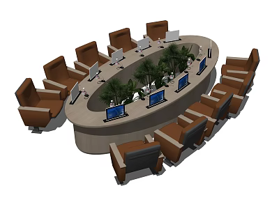 Oval Conference Table Surrounded by Brown Chairs with Laptops and Green Plants 3d model