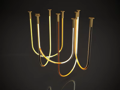 Modern Curved Tubes Chandelier With Brass Illuminated Design And Reflection On Dark Background 3d model