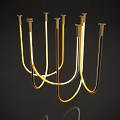 Modern Curved Tubes Chandelier With Brass Illuminated Design And Reflection On Dark Background