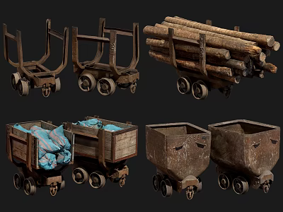 Vintage Stone And Wood Carts With Wheels For Carrying Logs And Rocks 3d model