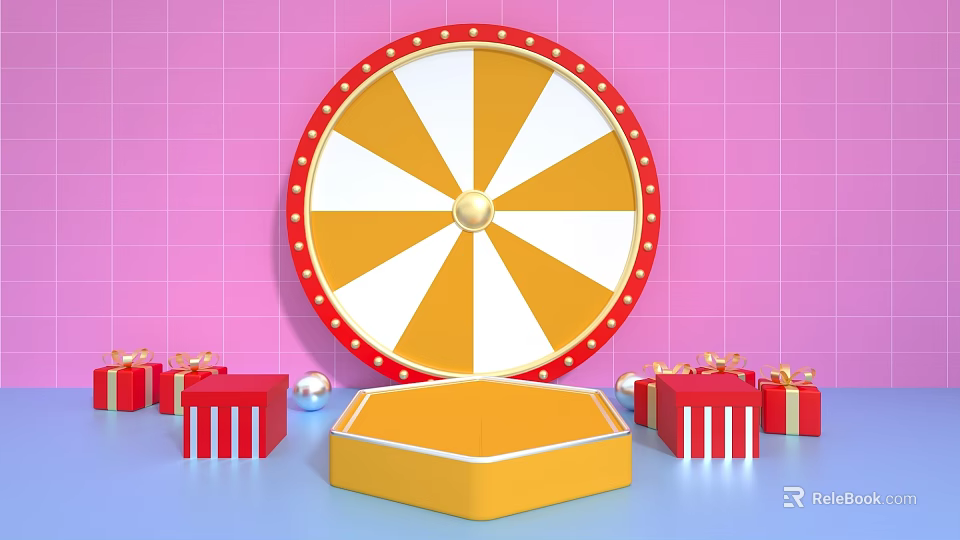 Lucky Spin Wheel With Red Gift Boxes Yellow Platform And Pink Grid Background 3d model 