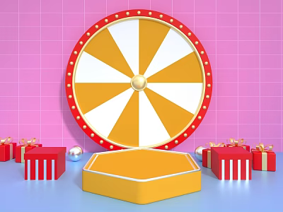 Lucky Spin Wheel With Red Gift Boxes Yellow Platform And Pink Grid Background 3d model