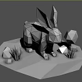 Geometric Rabbit Sculpture With Low Poly Design Metallic Silver Finish And Surrounding Elements 3d model
