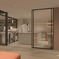Contemporary Kitchen Interior With White Tiled Walls Open Shelves Spices And Island Counter