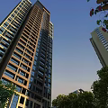 High rise Modern Residential Building With Lush Vines Flowers And Wooden Pergola Under Blue Sky