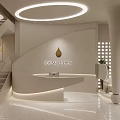 Stylish Modern Beauty and Hair Salon Interior with Curved Reception Desk and Soft Lighting