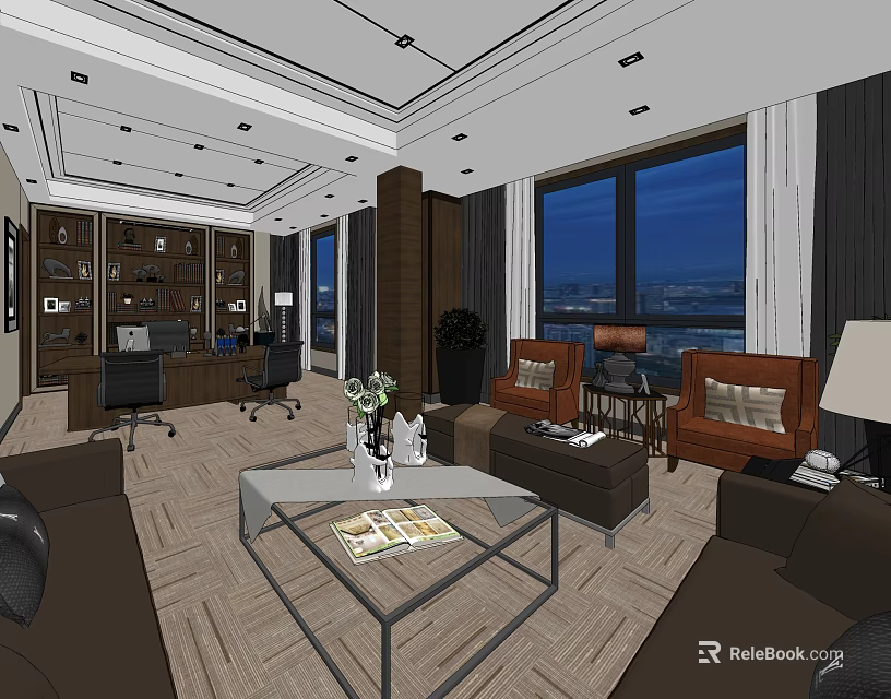 Modern Office Interior With Large Windows Night View Sofas Coffee Table Desk And Bookshelves 3d model