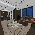 Modern Office Interior With Large Windows Night View Sofas Coffee Table Desk And Bookshelves 3d model