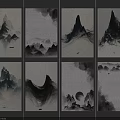 Traditional Chinese Ink Landscape Paintings with Misty Mountains Clouds Boats Sun and Temple
