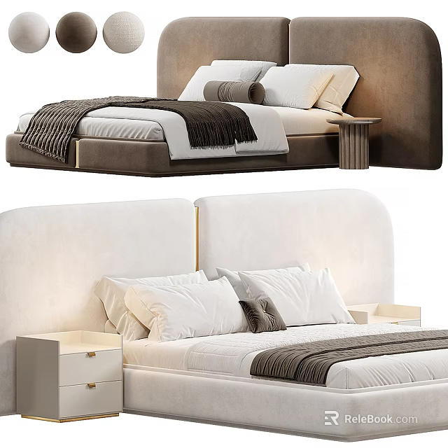 Modern Double Bed With Upholstered Headboard White Bedding Soft Throw And Bedside Table 3d model 