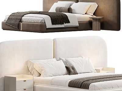 Modern Double Bed With Upholstered Headboard White Bedding Soft Throw And Bedside Table 3d model