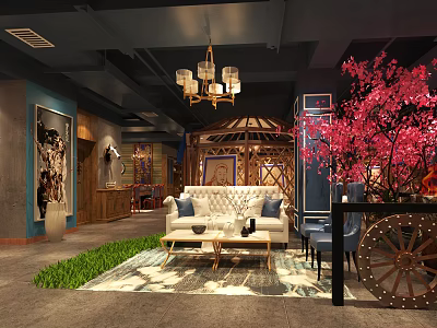 Elegant Private Room Interior With Wooden Decor Chandelier Sofa Coffee Table And Red Flowering Tree 3d model