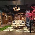 Elegant Private Room Interior With Wooden Decor Chandelier Sofa Coffee Table And Red Flowering Tree