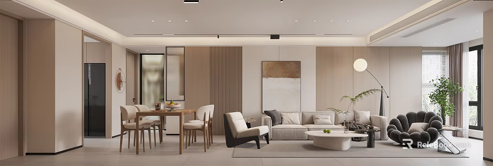 Modern Dining and Living Room Interior Design With Sofa Dining Table Chairs Artwork and Plant 3d model 
