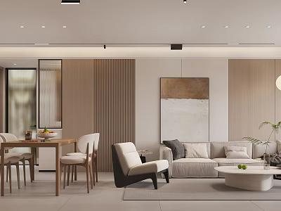 Modern Dining and Living Room Interior Design With Sofa Dining Table Chairs Artwork and Plant 3d model