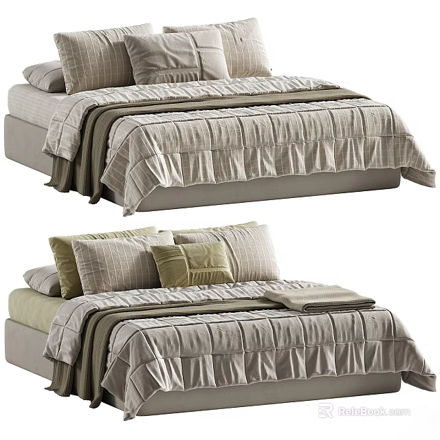 Cozy Double Bed in Background With Striped Linens Multiple Pillows and Neutral Tones 3d model 