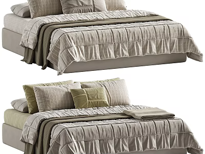 Cozy Double Bed in Background With Striped Linens Multiple Pillows and Neutral Tones 3d model