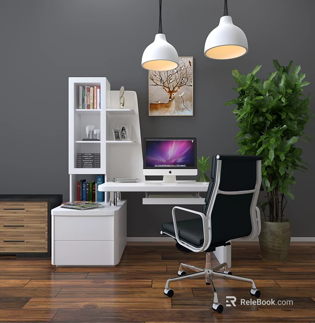 Modern Office Desk Setup With White Bookshelf Computer Monitor Green Plant And Black Chair 3d model 