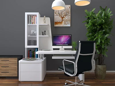 Modern Office Desk Setup With White Bookshelf Computer Monitor Green Plant And Black Chair 3d model