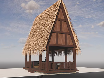 Traditional Thatched House With Triangular Roof Wooden Frame And Railed Porch Under Blue Sky 3d model
