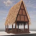 Traditional Thatched House With Triangular Roof Wooden Frame And Railed Porch Under Blue Sky