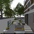 Modern Garden Landscape With Stone Paving Green Plants Lighting Water Feature And Building Facade