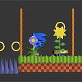 3D Game Scene Setup With Green Platform Blue Character Yellow Rings Sunflower And Spikes