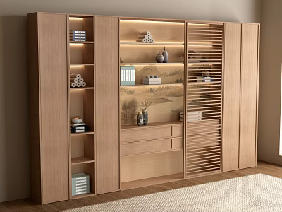 Modern Light Wood Bookcase Interior With Open Shelves Books Decorative Items And Slatted Doors 3d model