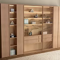 Modern Light Wood Bookcase Interior With Open Shelves Books Decorative Items And Slatted Doors