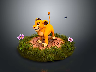 Cute Cartoon Lion Cub On Stone Ground With Green Grass Pink Flowers And Small Butterfly 3d model