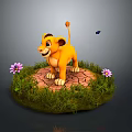 Cute Cartoon Lion Cub On Stone Ground With Green Grass Pink Flowers And Small Butterfly