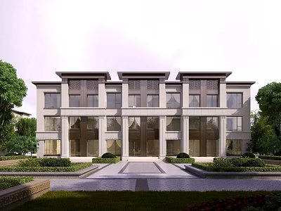 Elegant Townhouse Exterior Design With Symmetrical Facade Large Windows And Landscaped Garden 3d model
