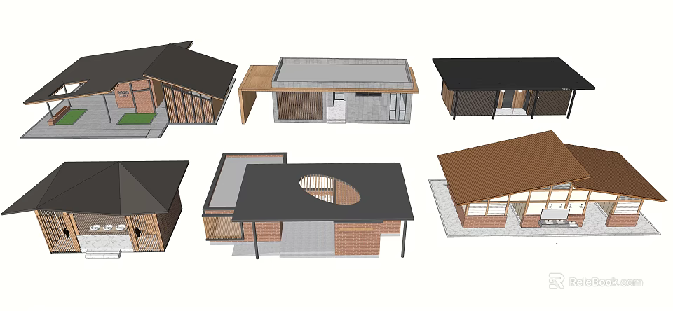 Various Small House Architectural Models With Diverse Roof And Material Styles 3d model