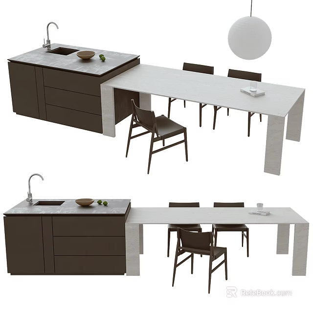 Modern Dining Table Set With White Table Black Chairs Kitchen Counter And Cabinets 3d model