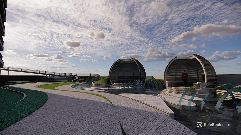 Scenic Outdoor Public Space With Wooden Dome Structures Walkway And Green Lawn 3d model 