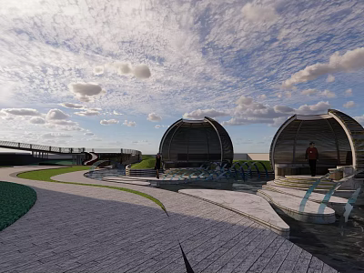 Scenic Outdoor Public Space With Wooden Dome Structures Walkway And Green Lawn 3d model