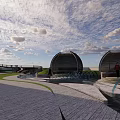 Scenic Outdoor Public Space With Wooden Dome Structures Walkway And Green Lawn