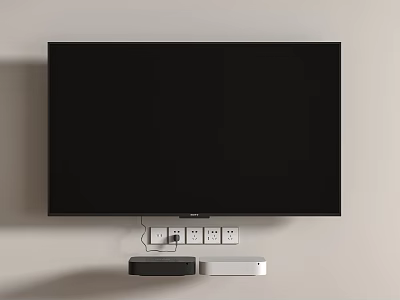 Wall Mounted Black TV on Light Colored Wall with Power Socket and Two Devices Below 3d model