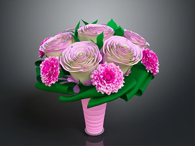 Pink And White Roses With Pink Dahlias And Green Leaves In Pink Vase 3d model