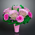 Pink And White Roses With Pink Dahlias And Green Leaves In Pink Vase
