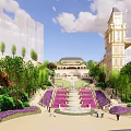 European Style Architecture Complex With Clock Tower And Garden Landscape