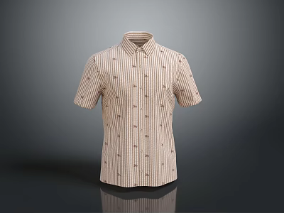 Short Sleeve Striped Patterned Shirt in Beige Color with Collared Design for Casual Wear 3d model