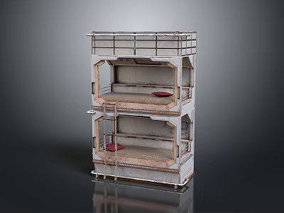 Wooden Bunk Bed With Two Tiered Design Safety Rail Ladder And Red Mattress 3d model
