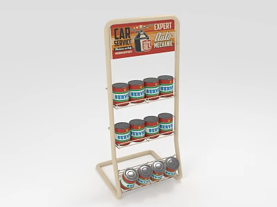 Car Lubricant Can Display Rack with Multiple Layers and Top Advertising Banner for Retail Store 3d model