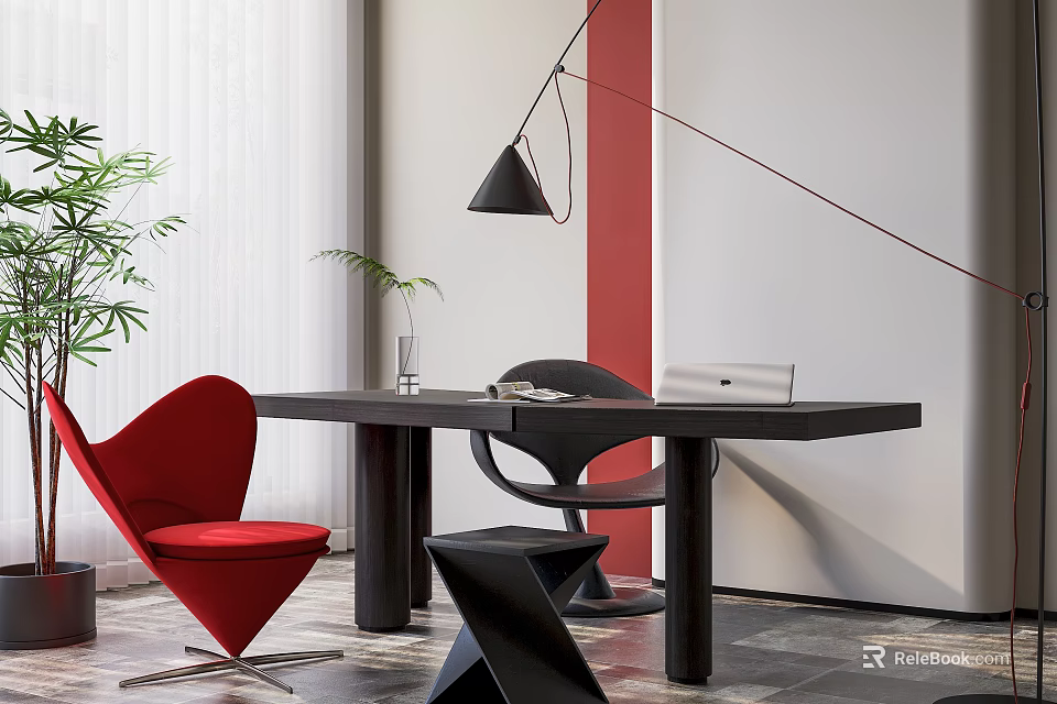 Modern Home Office Interior With Wooden Desk Red Chair Laptop Black Lamp And Green Plant 3d model 