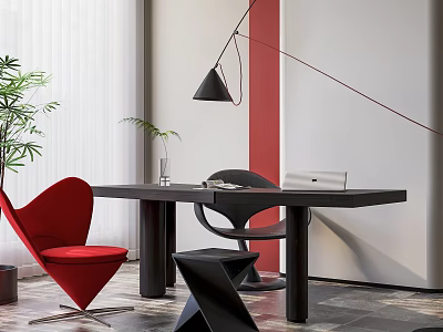 Modern Home Office Interior With Wooden Desk Red Chair Laptop Black Lamp And Green Plant 3d model