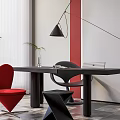 Modern Home Office Interior With Wooden Desk Red Chair Laptop Black Lamp And Green Plant