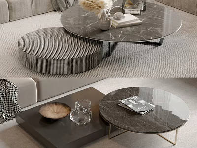 Elegant Modern Round Marble Coffee Table With Metal Legs And Magazines On Living Room Rug 3d model